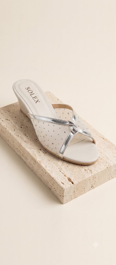 Embellished Mesh Low-Wedge Sandals – Off-White & Silver