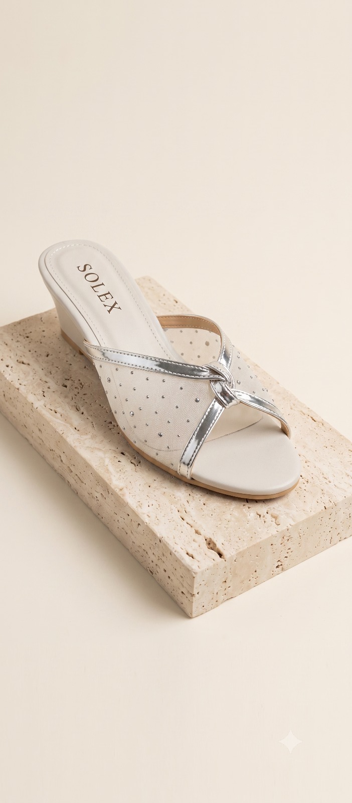 Embellished Mesh Low-Wedge Sandals – Off-White & Silver