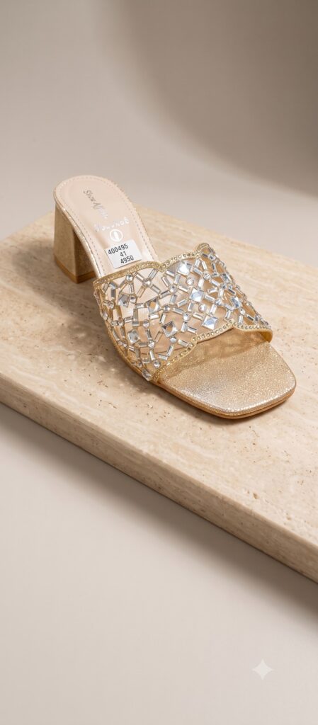 Geometric Crystal Cutout Block Heel Sandals – Gold