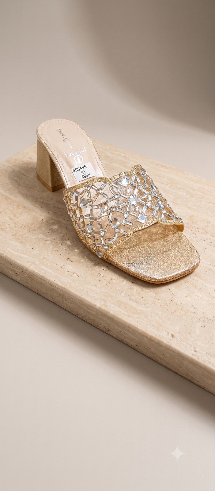 Geometric Crystal Cutout Block Heel Sandals – Gold