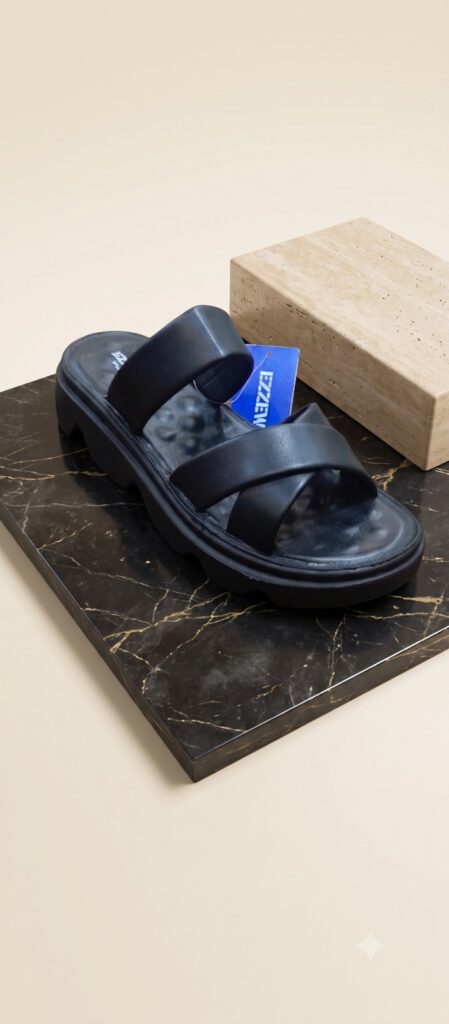 Cross-Strap Chunky Platform Mules – Navy Blue
