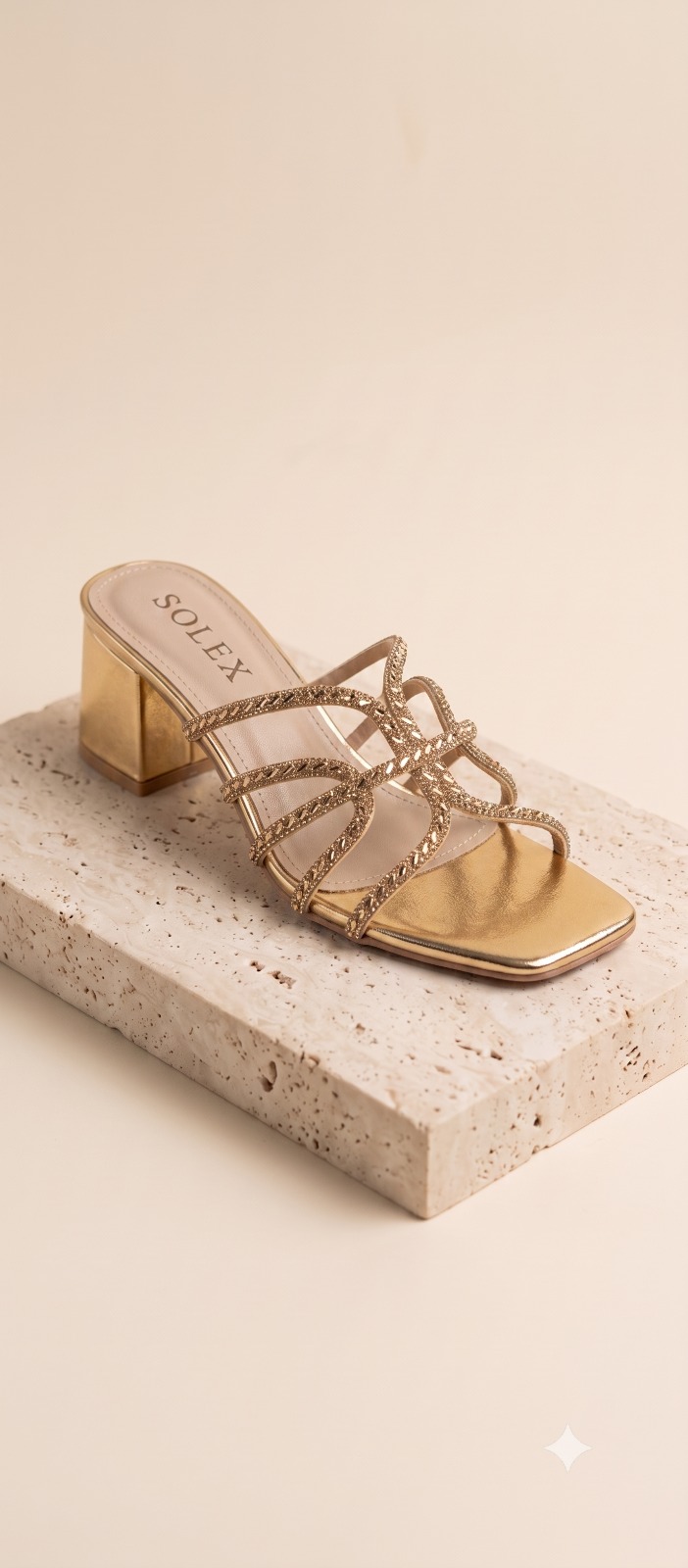 Strappy Rhinestone Crossover Block Heel Sandals – Gold