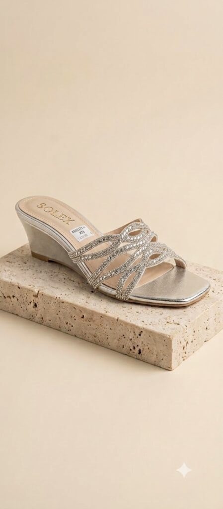 Crossover Rhinestone Wave Wedge Sandals – Silver