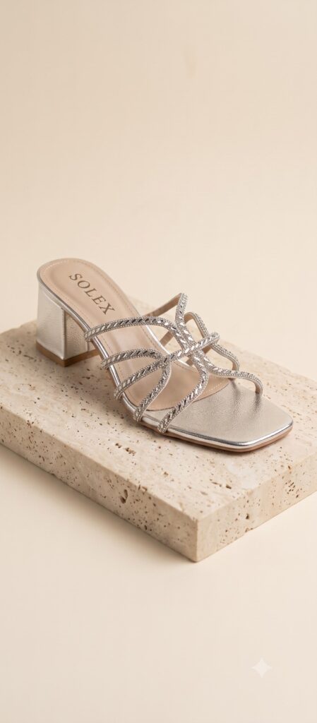 Strappy Rhinestone Crossover Block Heel Sandals – Silver