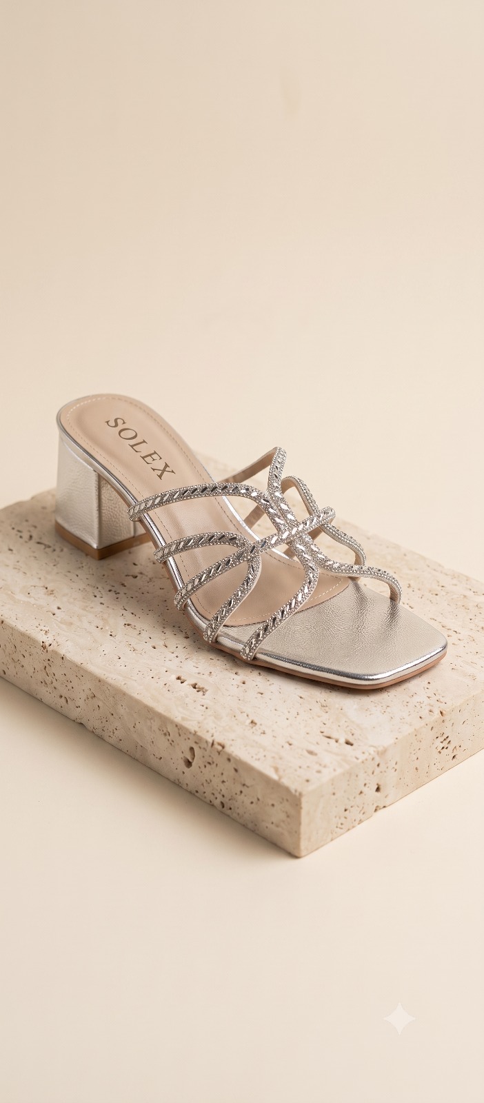 Strappy Rhinestone Crossover Block Heel Sandals – Silver