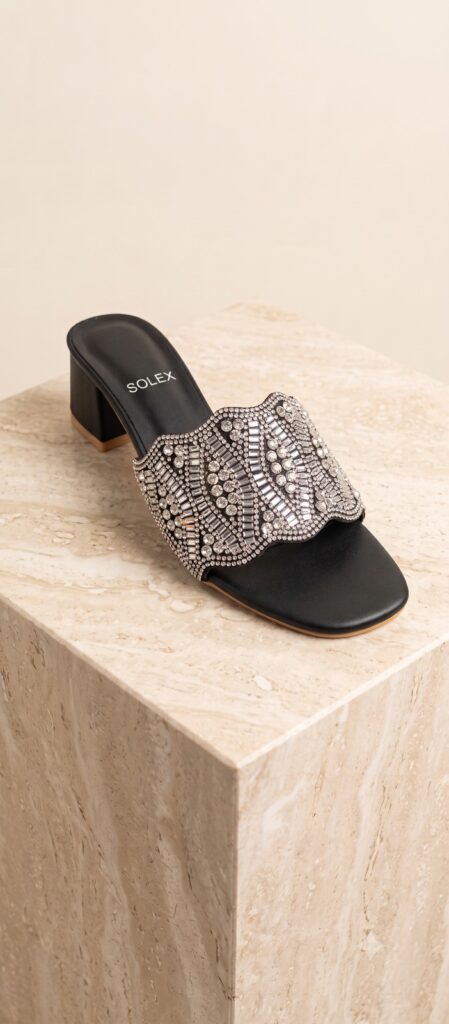 Scalloped Crystal Lattice Block Heel Sandals – Black & Silver