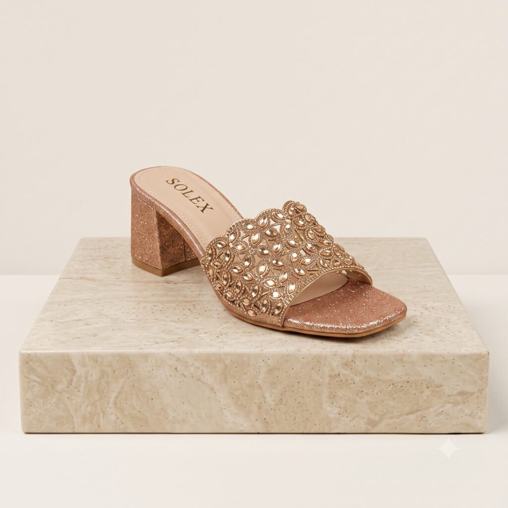 Floral Crystal Embellished Glitter Block Heel Sandals – Rose Gold