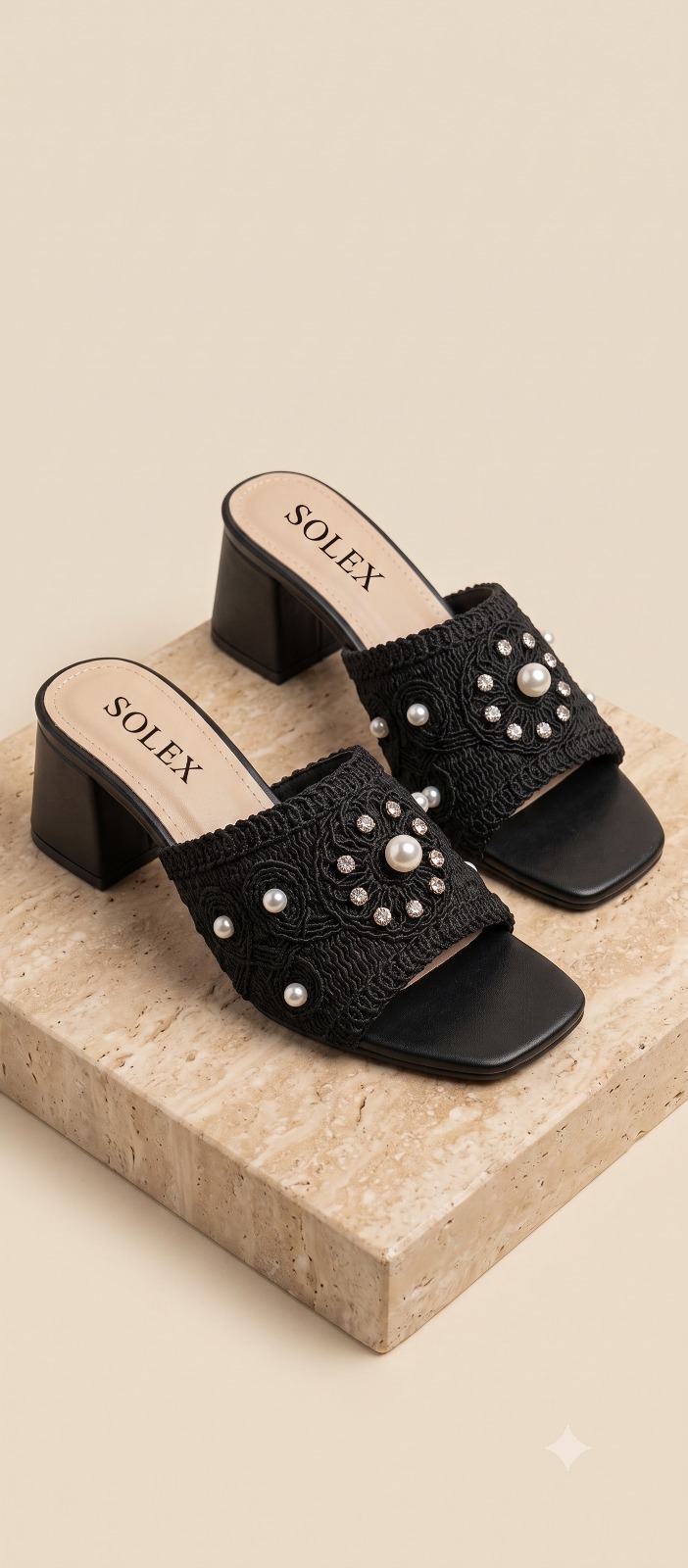 Pearl & Crystal Embroidered Lace Block Heel Mule