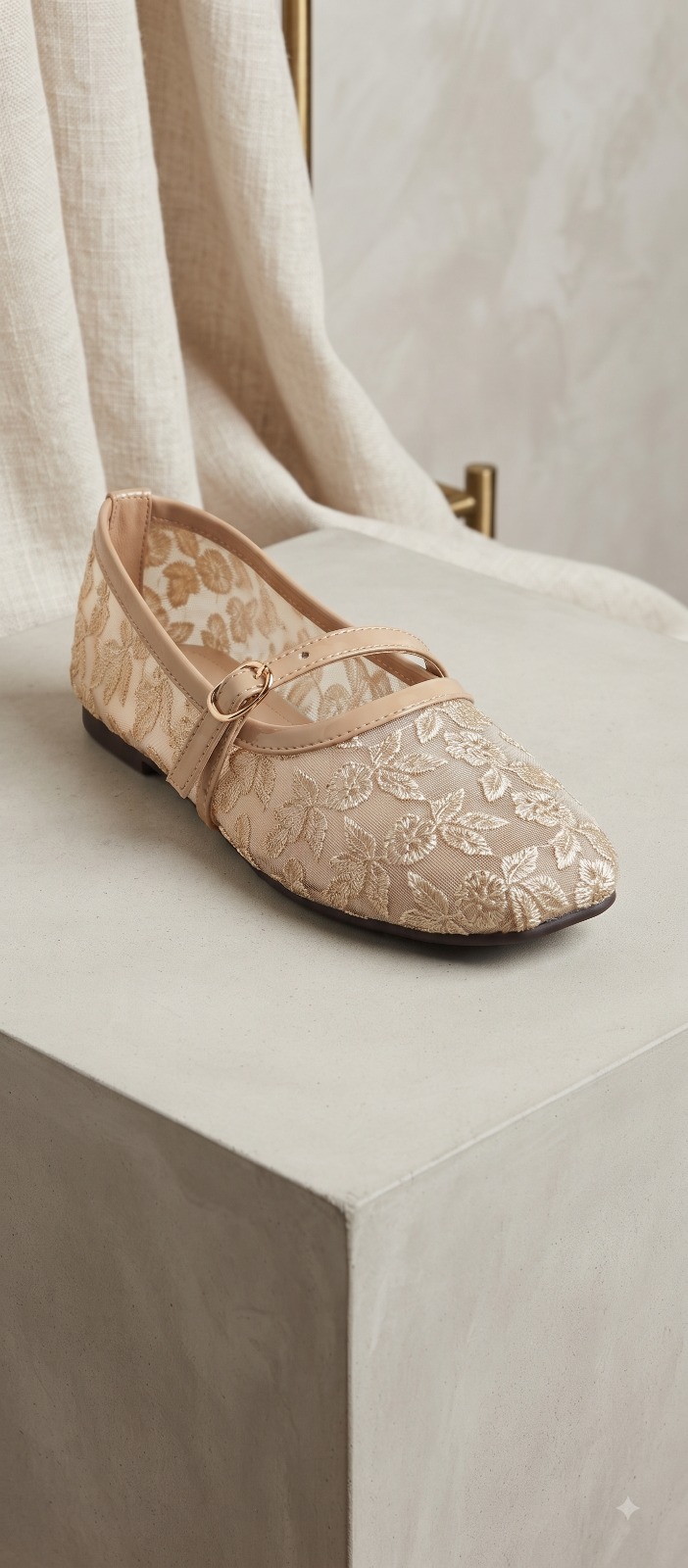 Embroidered Floral Mesh Mary Jane Flats – Beige
