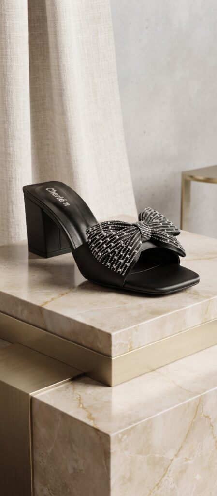 Oversized Rhinestone Bow High Block Heel Mule