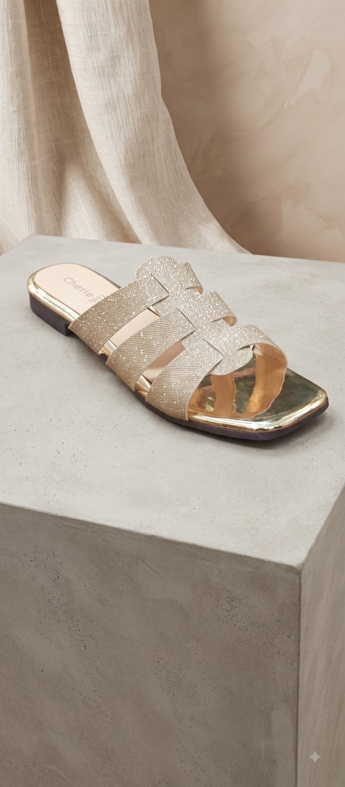 Metallic Glitter Cage-Strap Flat Mule
