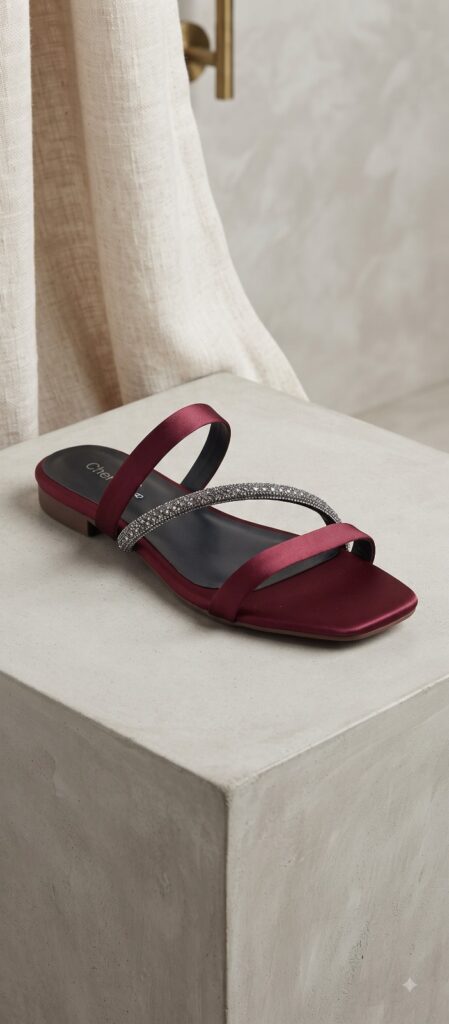 Asymmetric Rhinestone Three-Strap Satin Flat Mule