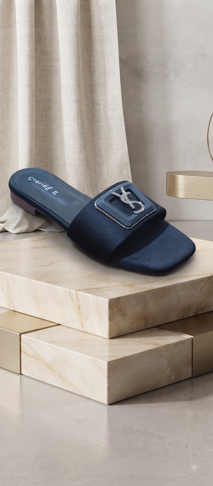 Monogram Buckle Satin Flat Mule