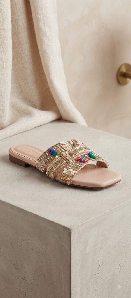 Multi-Gem Hand-Beaded H-Strap Flat Mule