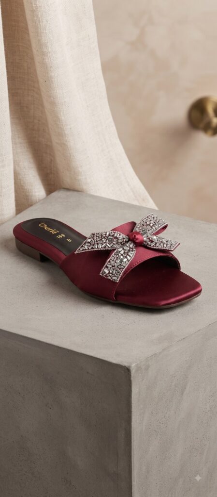 Crystal Bow Embellished Satin Flat Mule
