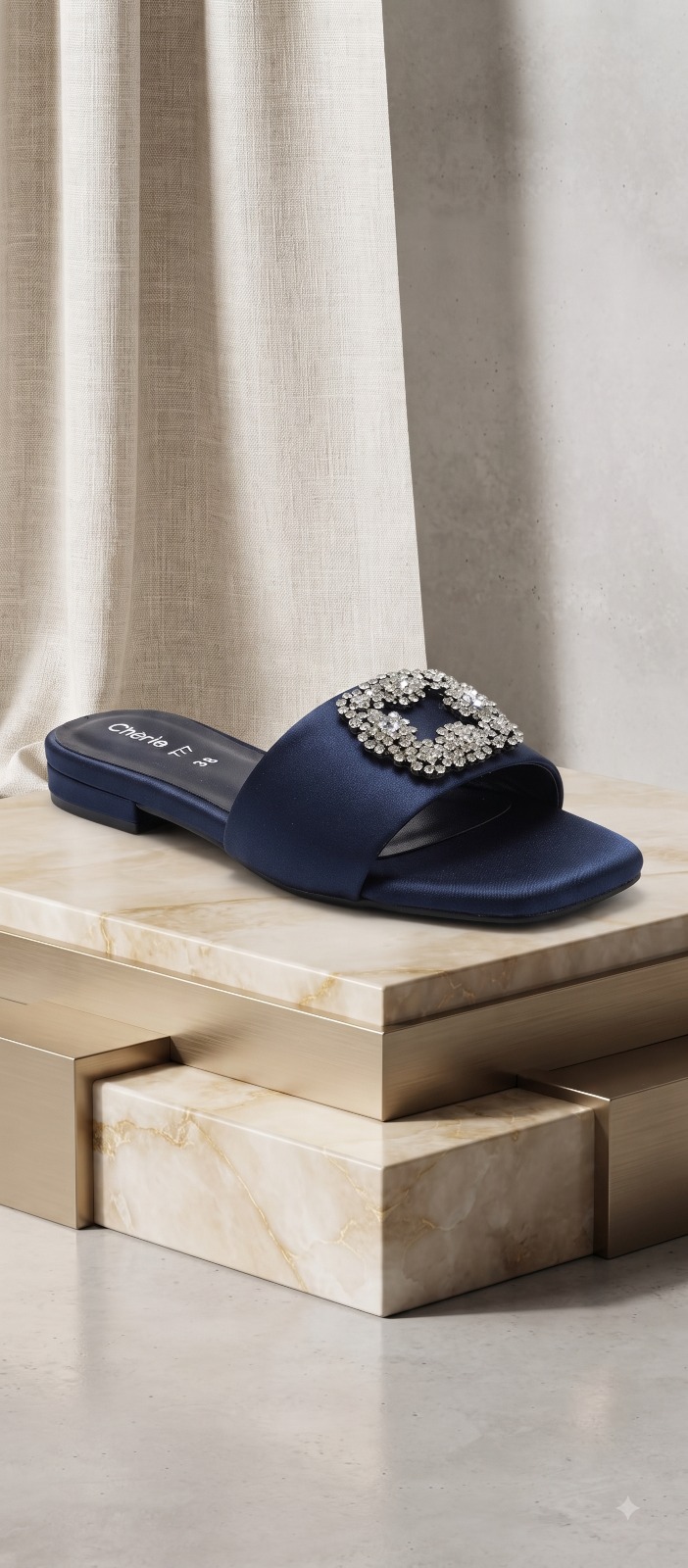 Crystal Brooch Satin Flat Mule