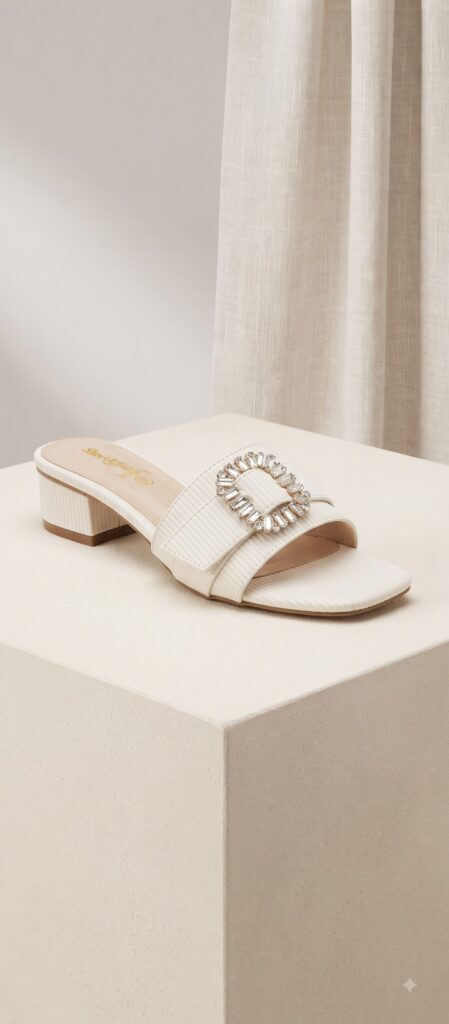 Crystal Buckle Ribbed Block Heel Mule