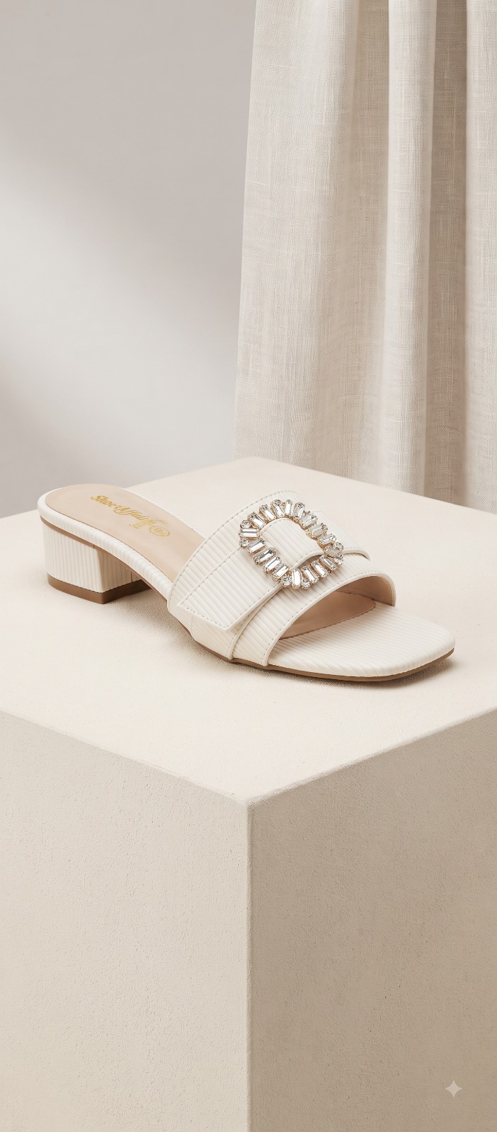 Crystal Buckle Ribbed Block Heel Mule