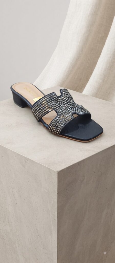 Cutout Rhinestone H-Strap Block Heel Mule
