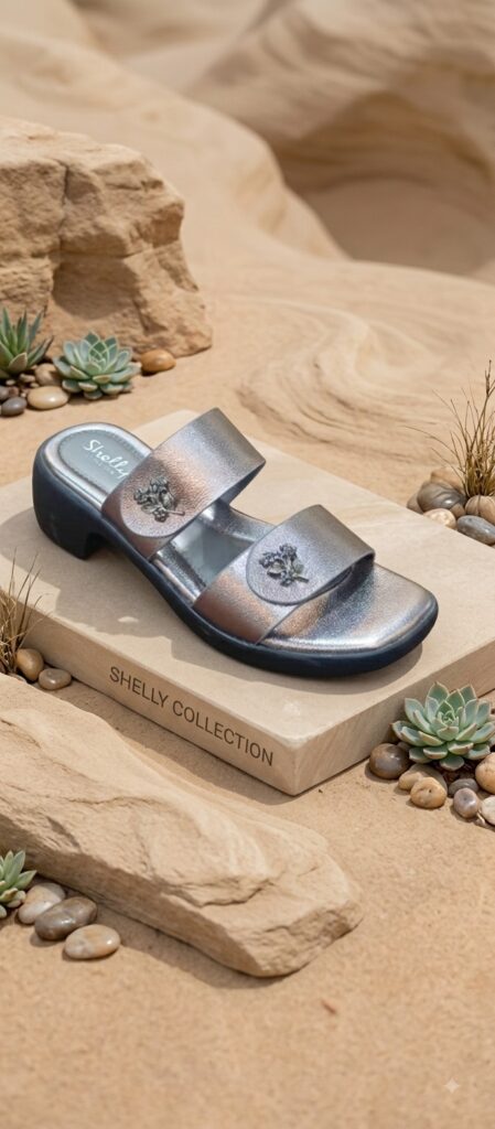 Metallic Double-Strap Floral Emblem Slide