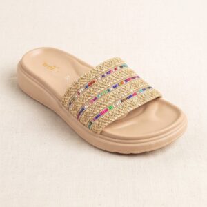Woven Straw Multi-Gem Comfort Slide
