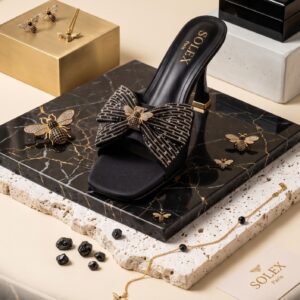 Crystal Bee Embellished Bow Mule Heel